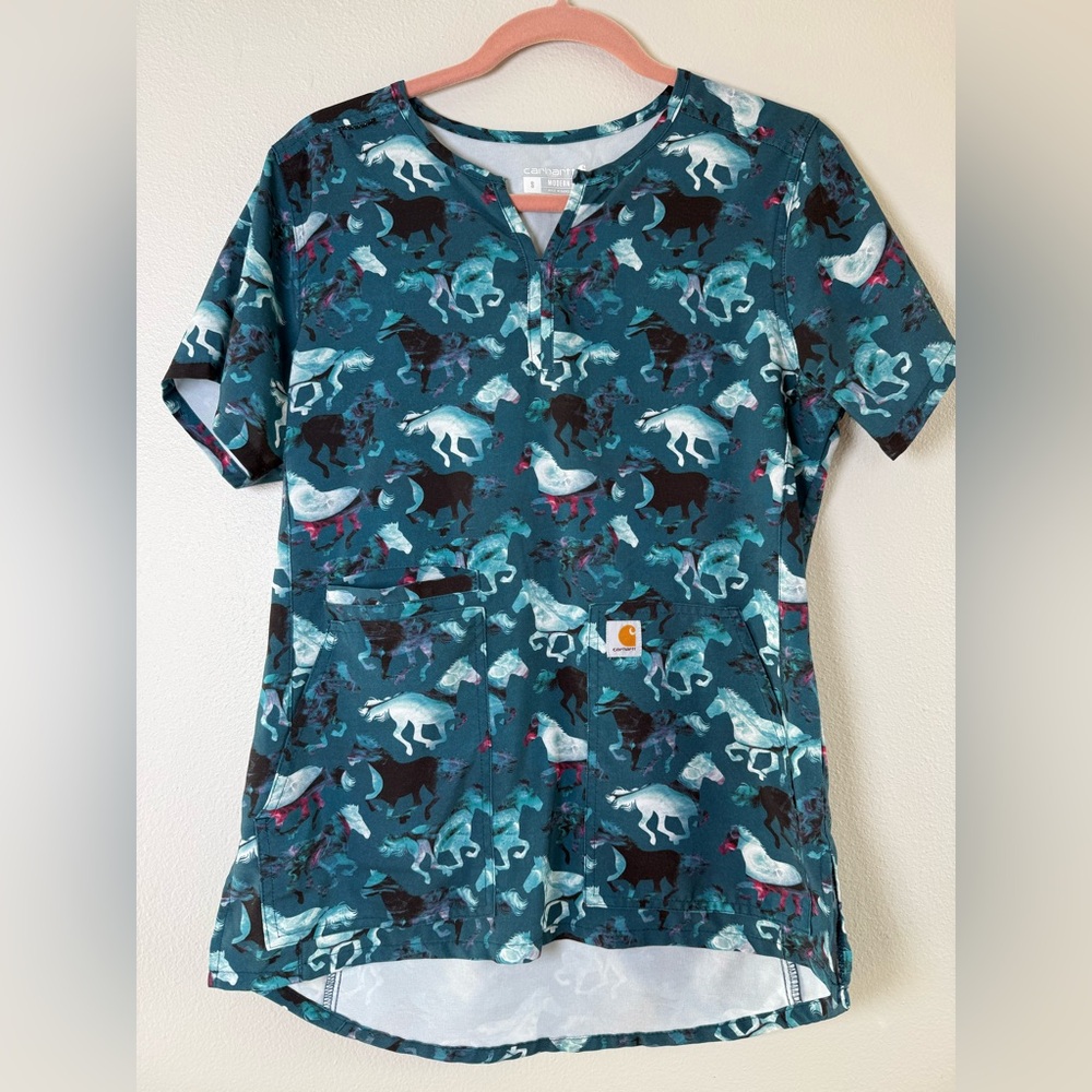 Carhartt women’s  Teal Horse-Print Scrub Top